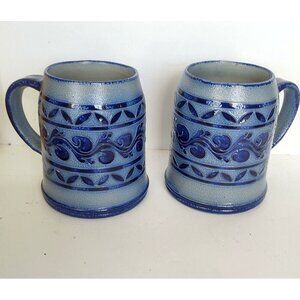 Vintage Ceramic Beer Stein Mugs Salt Glazed Colbalt Blue Gray Stoneware Germany